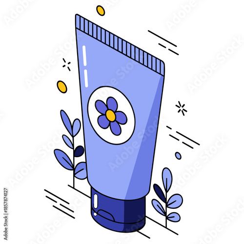 Blue cosmetic tube with flower design and minimalist botanical elements