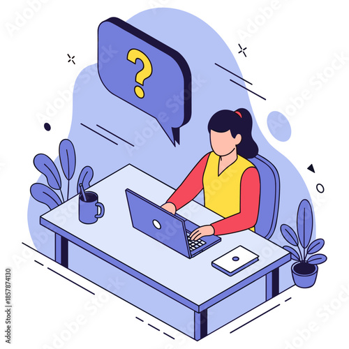 Woman at desk with laptop and question mark bubble