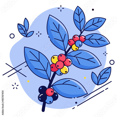 Abstract illustration of coffee plant with colorful berries and blue leaves