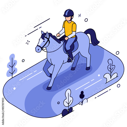 Isometric illustration of person riding a horse in a stylized landscape