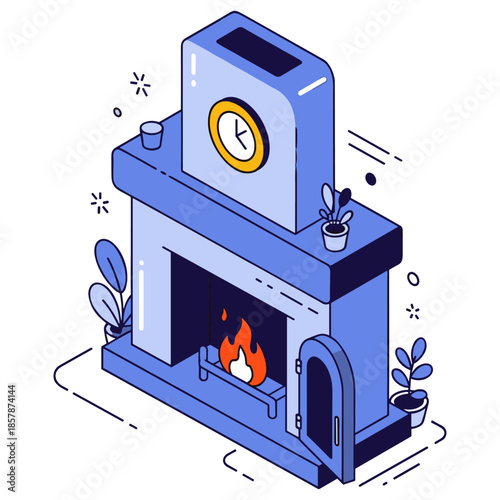 Isometric blue fireplace with clock and plants illustration
