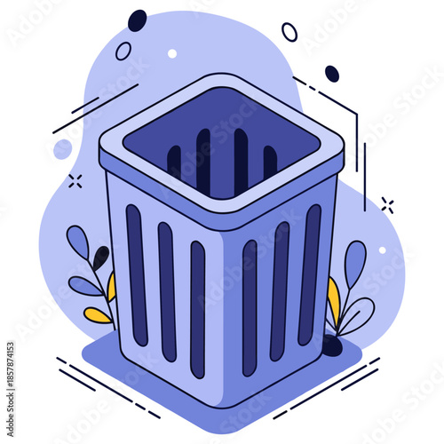 Stylized blue trash can illustration with geometric decor and floral details