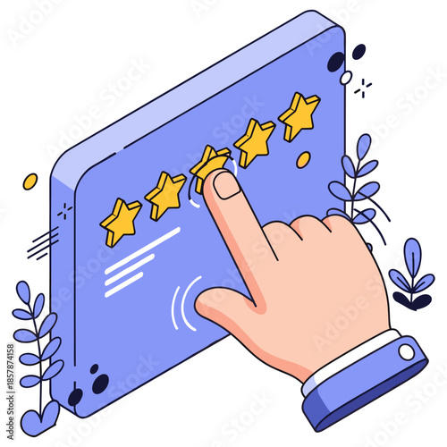 Hand pointing to five-star rating on digital screen with decorative elements