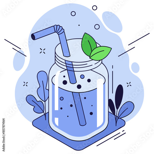 Blue bubble tea in a glass jar with straw and leaves