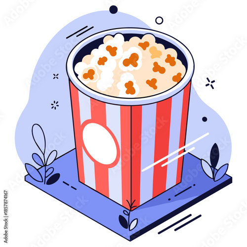 Cartoon popcorn bucket with stripes and plants in minimalist style