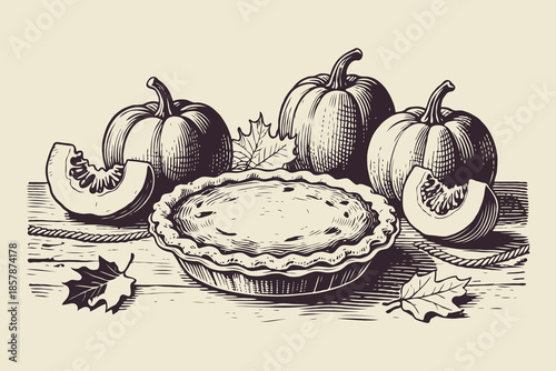 Hand-drawn sketch of pumpkin pie with whole and sliced pumpkins on wooden table, autumn leaves, rustic harvest concept on beige background
