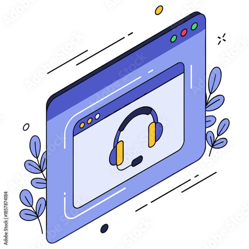 Blue browser window with headset icon and leaf decorations