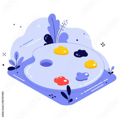 Colorful artist's palette with paint blobs and botanical elements in minimalist style