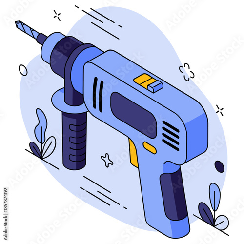 Blue electric drill with handle in abstract illustration on white background