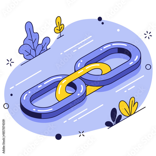 Abstract illustration of interlinked blue chains with yellow and blue accents