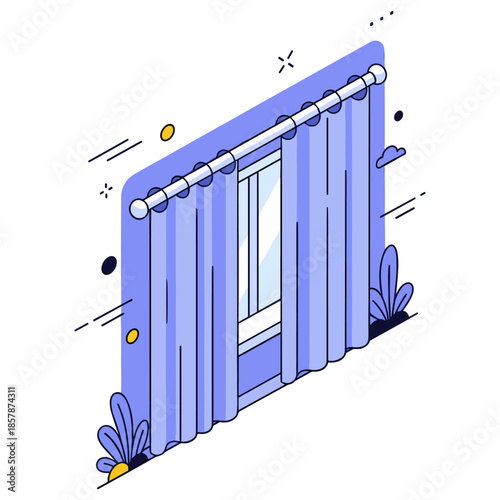 Stylish minimalist blue curtain on window with abstract decor elements