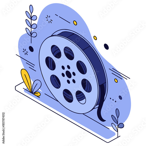 Stylized blue film reel with artistic leaves and abstract elements
