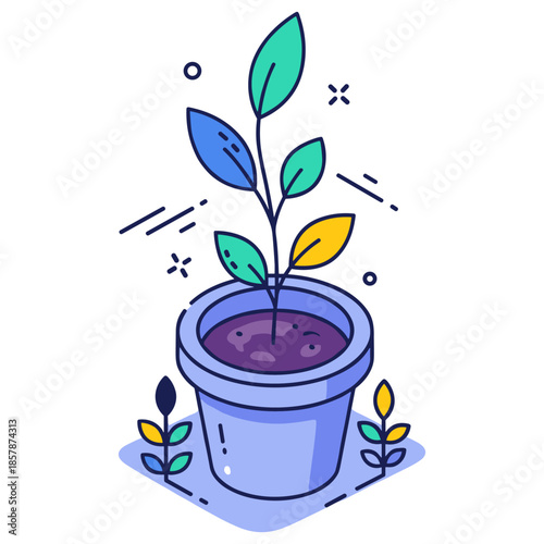 Colorful illustration of a growing plant with decorative leaves in a pot