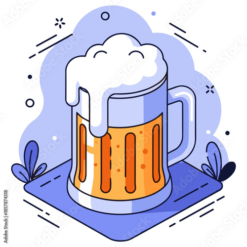 Cartoon beer mug with foam in a blue setting