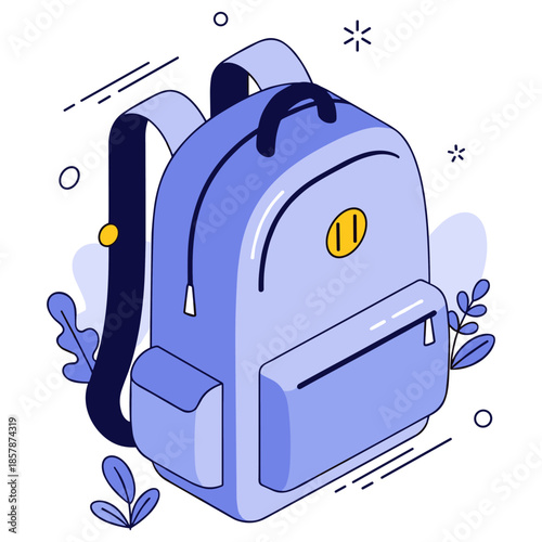 Stylish blue backpack with decorative elements isolated on white background