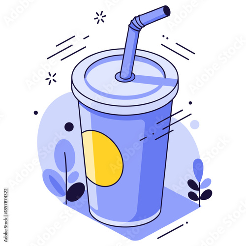 Blue beverage cup with straw and yellow circle design on abstract background