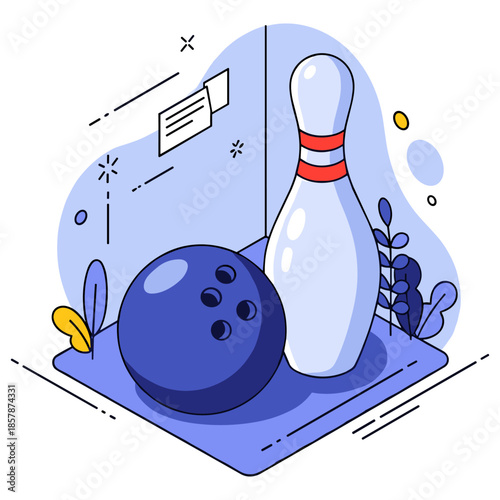 Abstract illustration of bowling ball and pin with geometric elements