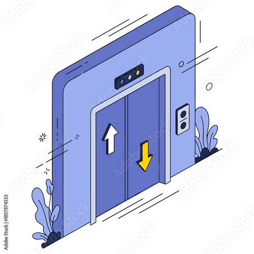 Minimalist blue elevator doors with directional arrows and decorative leaves