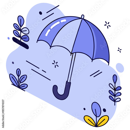 Blue umbrella with abstract leaves and doodles on light background