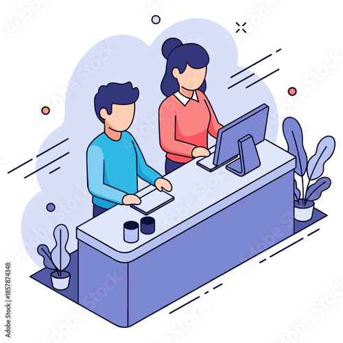 Young caucasian male and female working at office desk with technology and plants