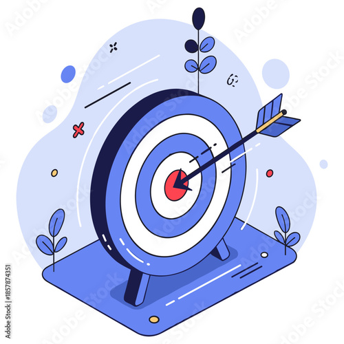 Arrow hitting bullseye on target with abstract pattern background