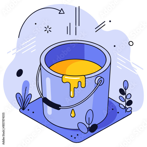 Stylized yellow paint bucket with abstract elements in a modern illustration