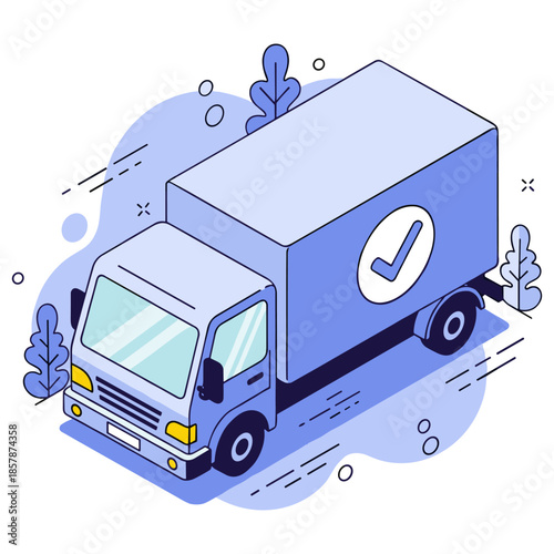 Isometric delivery truck with checkmark in blue themed vector illustration