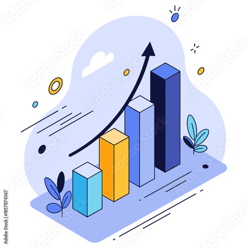 Colorful bar graph with upward arrow representing business growth