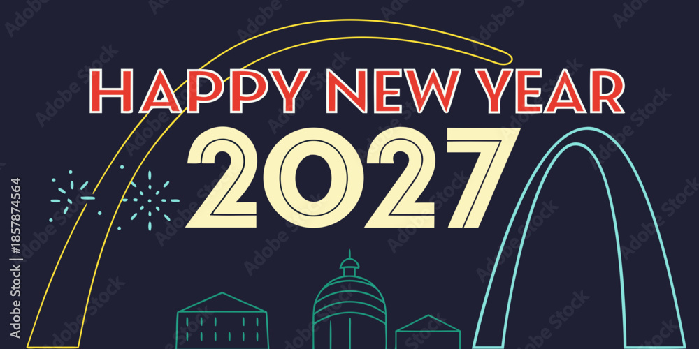 Obraz premium USA, US, U.S, United States - Happy new year 2027 celebration with fireworks and city skyline vector illustration graphic resources fireworks celebration building architecture 