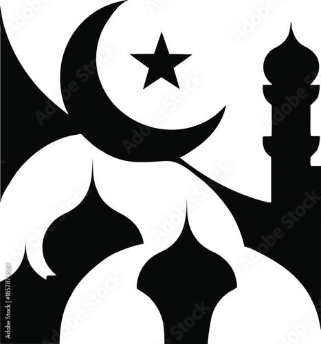 Islamic Symbol in Monochrome: A graphic silhouette featuring the crescent moon and star, iconic symbols of Islam, against an architectural backdrop.