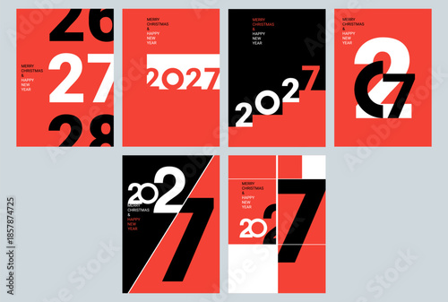 Happy New Year 2027 celebration set with festive fireworks and geometric typography posters