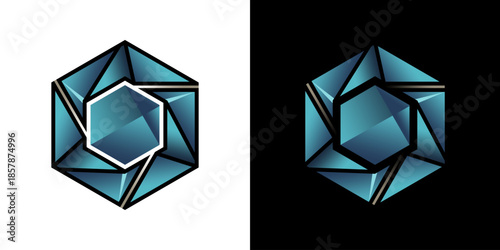 hexagonal logo made of multicolored geometric triangles