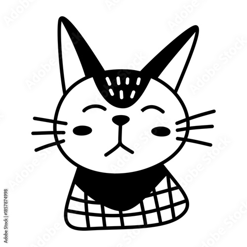 Cute hand drawn thoughtful cat kitten portrait. Doodle cartoon childish vector outline illustration isolated on white background. Contour art. Black color