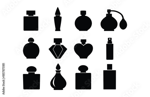 Collection of black perfume bottle silhouettes with varied shapes on white vector