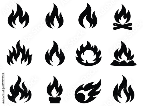 Twelve black silhouette icons representing different styles of fire flames heat burn