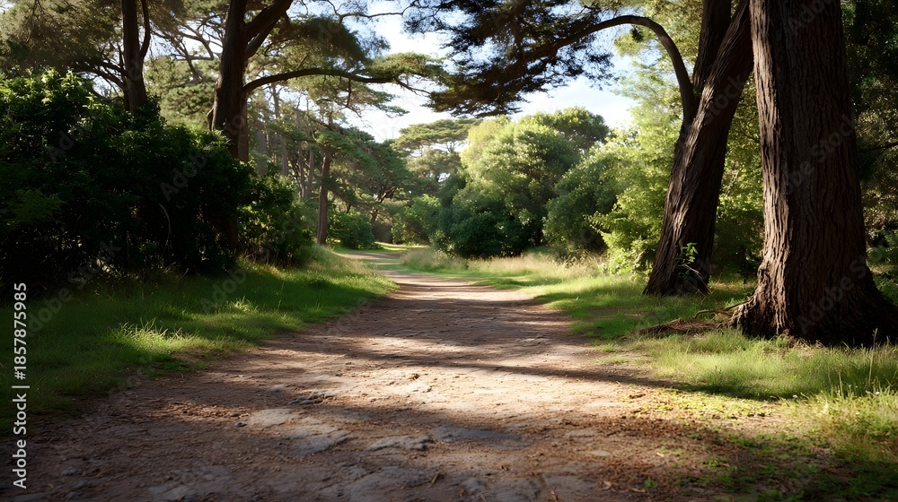 Fototapeta premium A serene dirt path winds through a sun d d forest with lush green trees and soft shadows