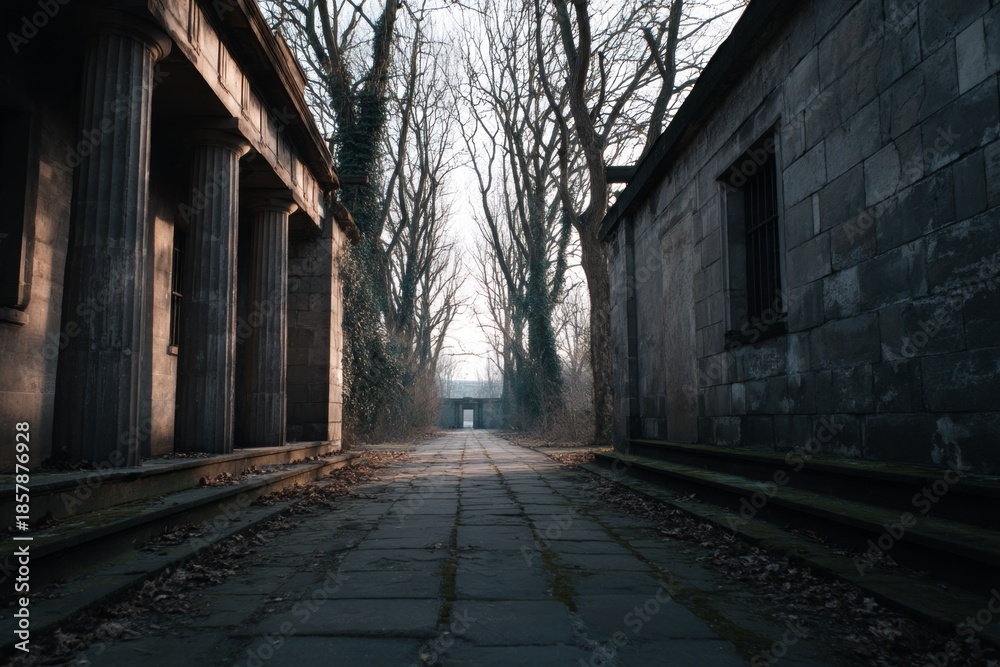 Obraz premium Majestic alley with columns and barred window leading to a mysterious gate