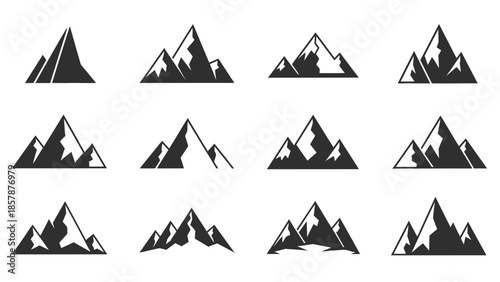 Set of Mountain Icons: Diverse Peaks, Nature Symbols, Adventure and Travel Graphics