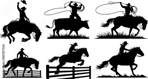 
Cowboy riding horse silhouette collection, western equestrian scene, black vector illustration, ranch lifestyle, rodeo performance, cowboy culture, country horseback riding art