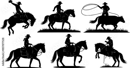 
Cowboy riding horse silhouette collection, western equestrian scene, black vector illustration, ranch lifestyle, rodeo performance, cowboy culture, country horseback riding art