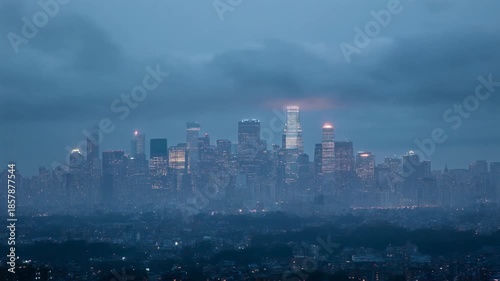Wallpaper Mural Panoramic view of a major city at dusk, with tall buildings dimly lit and obscured by a thick layer of fog, creating a mysterious and atmospheric urban landscape as night falls. Torontodigital.ca
