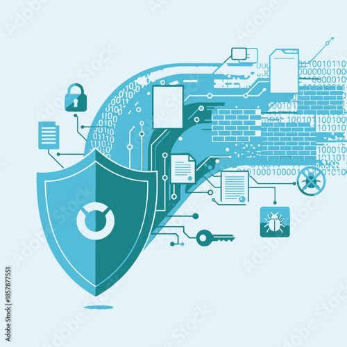 Cyber Security Shield, Firewall, Lock, Key, Bug, Binary Code, Data Protection