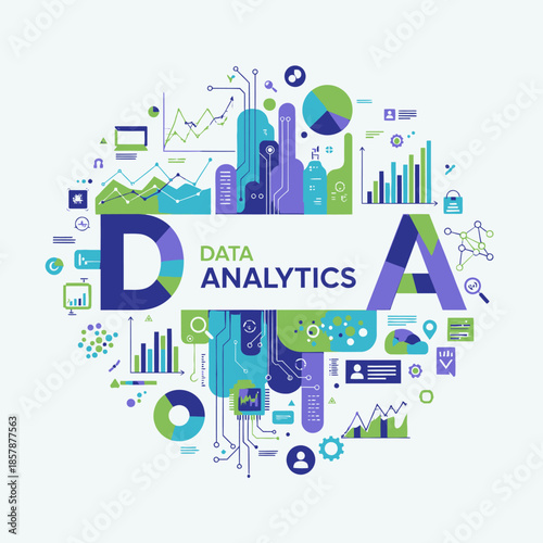 Data Analytics Concept: D and A letters with charts, graphs, and icons