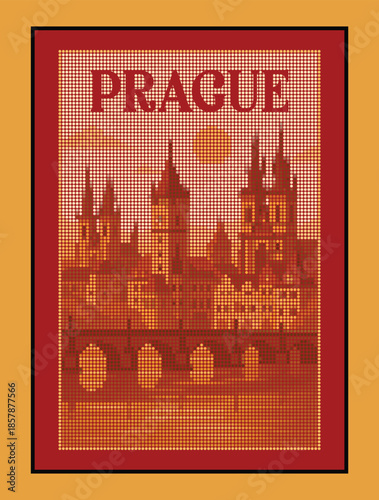 Minimalist Prague Art Deco Cityscape Poster with Halftone Texture