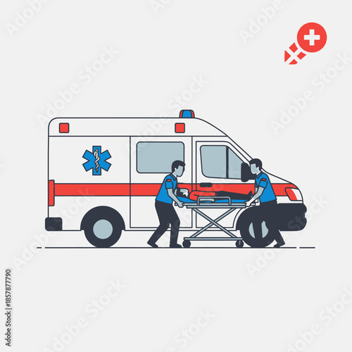 Paramedics transport patient on stretcher to ambulance, emergency medical services concept