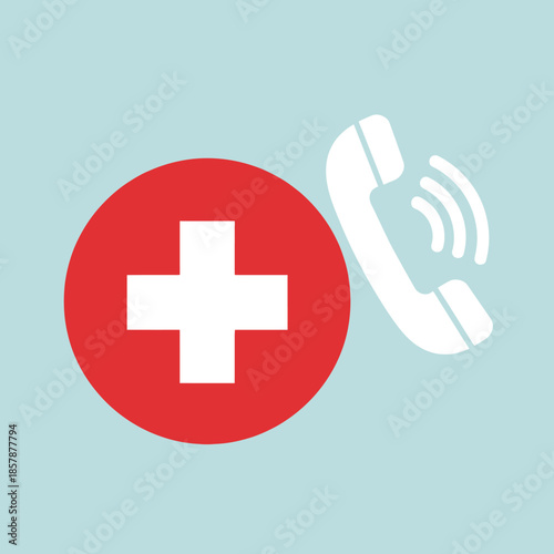 Medical Emergency Call Icon: Red Cross and Phone Symbol on Blue Background