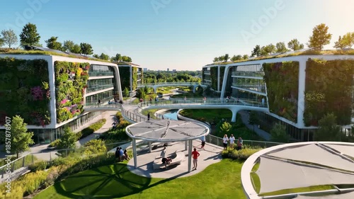 Modern office complex with green walls and outdoor spaces for relaxation.