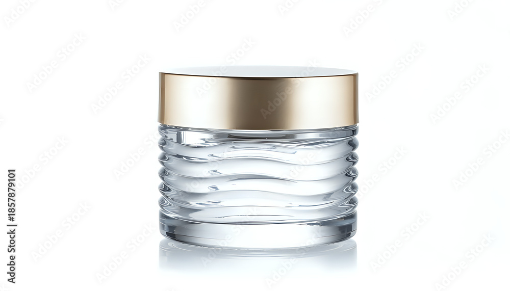 Obraz premium Clear cosmetic cream jar with metallic lid displayed on white background for beauty packaging design