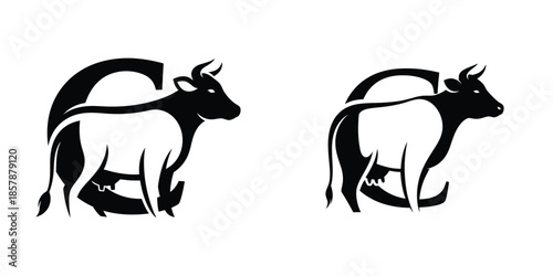 Black and White Cow Silhouette Integrated with Letter C Logo