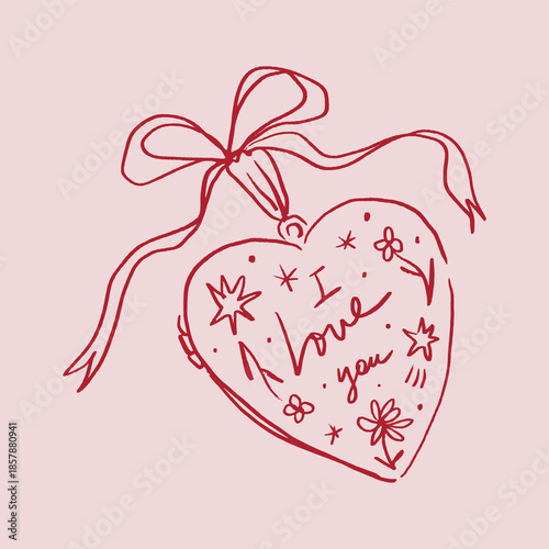 Cute vintage locket in heart shape with coquette core bow vibe elements girly pink red color palette. Girlish tiny aesthetic whimsical sketch with sacred eye and flowers botanical details. Open and